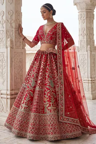 Red Designer Embroidery With Hand Work Silk Blend Semi Stitched Lehenga Set