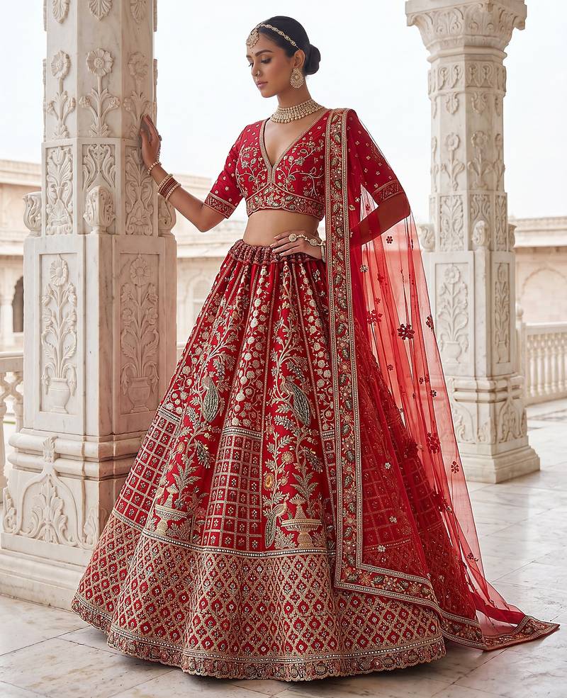 Red Designer Embroidery With Hand Work Silk Blend Semi Stitched Lehenga Set