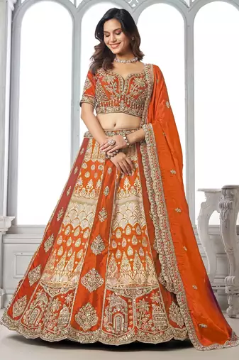 Orange Designer Embroidery With Hand Work Silk Blend Semi Stitched Lehenga Set