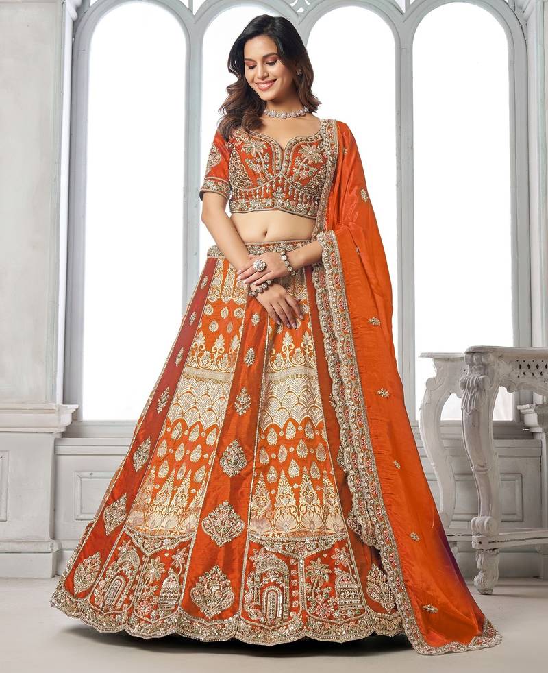 Orange Designer Embroidery With Hand Work Silk Blend Semi Stitched Lehenga Set