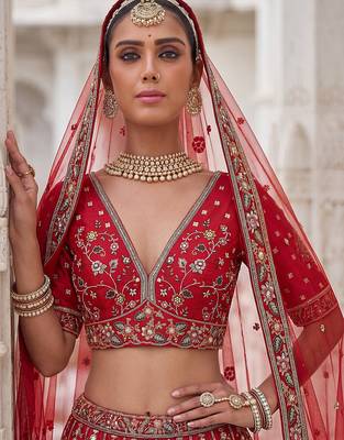 Red Designer Embroidery With Hand Work Silk Blend Semi Stitched Lehenga Set 4