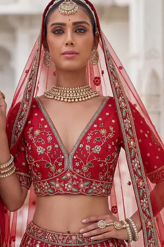 Red Designer Embroidery With Hand Work Silk Blend Semi Stitched Lehenga Set