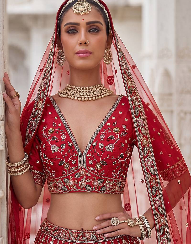 Red Designer Embroidery With Hand Work Silk Blend Semi Stitched Lehenga Set