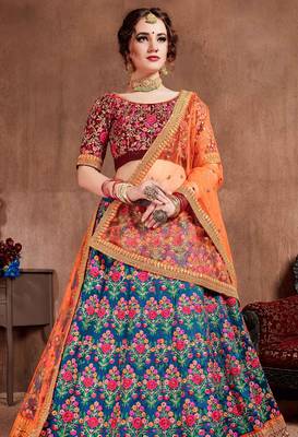 Blue Stone Embroidered & Sequins Silk Blend Semi Stitched Lehenga Set 2