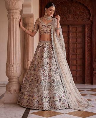 White Designer Embroidery With Hand Work Silk Blend Semi Stitched Lehenga Set 1