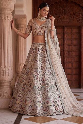 White Designer Embroidery With Hand Work Silk Blend Semi Stitched Lehenga Set
