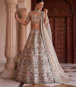 White Designer Embroidery With Hand Work Silk Blend Semi Stitched Lehenga Set