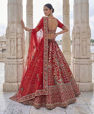 Red Designer Embroidery With Hand Work Silk Blend Semi Stitched Lehenga Set 5