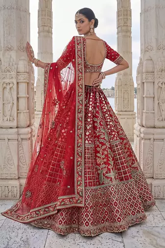 Red Designer Embroidery With Hand Work Silk Blend Semi Stitched Lehenga Set