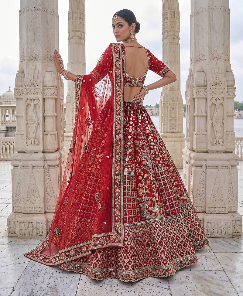 Red Designer Embroidery With Hand Work Silk Blend Semi Stitched Lehenga Set