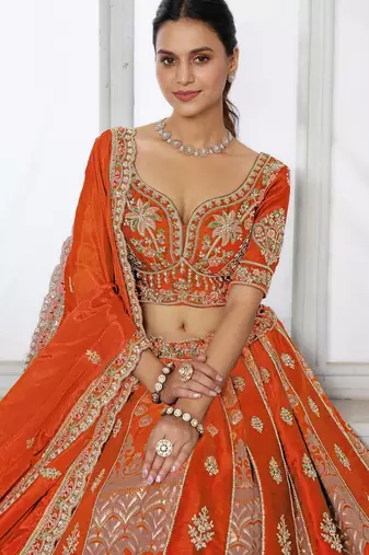 Orange Designer Embroidery With Hand Work Silk Blend Semi Stitched Lehenga Set