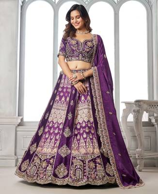 Purple Designer Embroidery With Hand Work Silk Blend Semi Stitched Lehenga Set 1