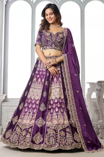 Purple Designer Embroidery With Hand Work Silk Blend Semi Stitched Lehenga Set