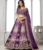 Purple Designer Embroidery With Hand Work Silk Blend Semi Stitched Lehenga Set