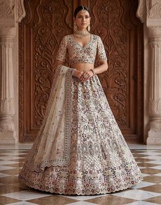 White Designer Embroidery With Hand Work Silk Blend Semi Stitched Lehenga Set 2