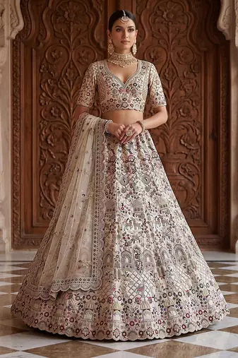 White Designer Embroidery With Hand Work Silk Blend Semi Stitched Lehenga Set