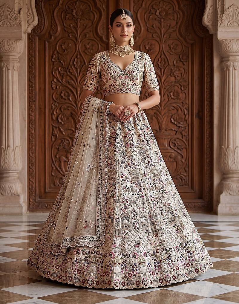 White Designer Embroidery With Hand Work Silk Blend Semi Stitched Lehenga Set
