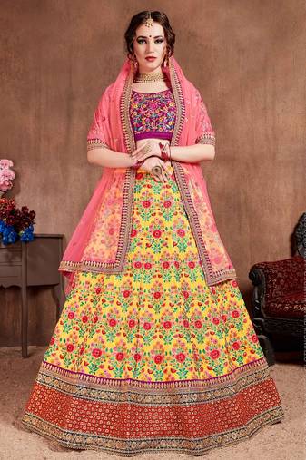 Pink Stone Embroidered & Sequins Silk Blend Semi Stitched Lehenga Set