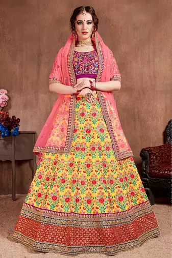 Pink Stone Embroidered & Sequins Silk Blend Semi Stitched Lehenga Set