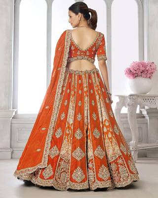 Orange Designer Embroidery With Hand Work Silk Blend Semi Stitched Lehenga Set 3