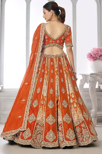 Orange Designer Embroidery With Hand Work Silk Blend Semi Stitched Lehenga Set