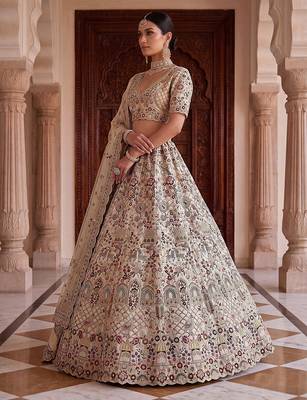 White Designer Embroidery With Hand Work Silk Blend Semi Stitched Lehenga Set 3