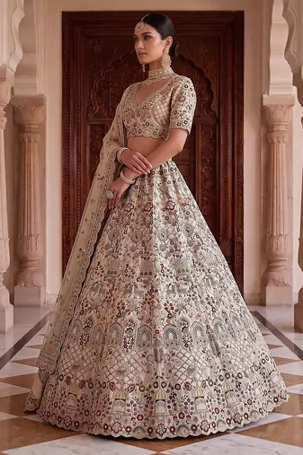 White Designer Embroidery With Hand Work Silk Blend Semi Stitched Lehenga Set