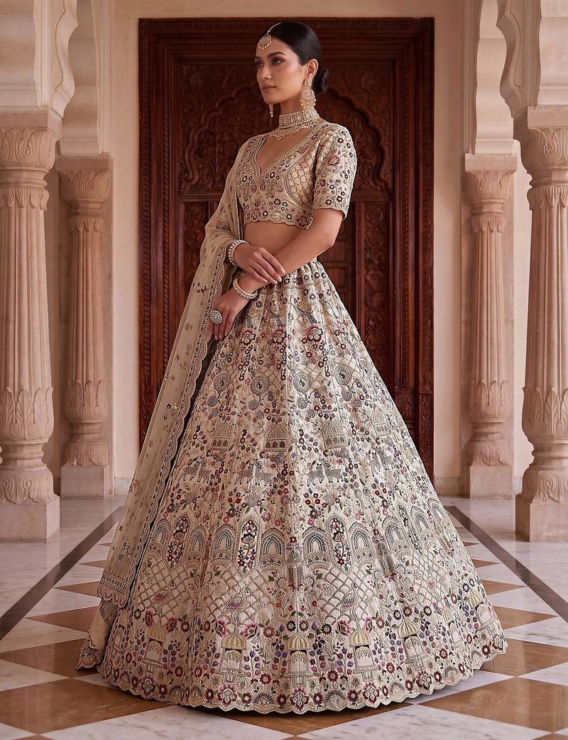 White Designer Embroidery With Hand Work Silk Blend Semi Stitched Lehenga Set