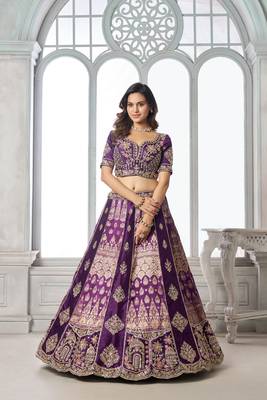 Purple Designer Embroidery With Hand Work Silk Blend Semi Stitched Lehenga Set 2