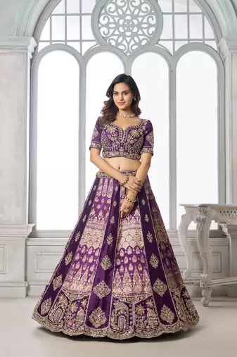 Purple Designer Embroidery With Hand Work Silk Blend Semi Stitched Lehenga Set