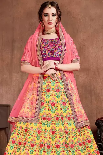 Pink Stone Embroidered & Sequins Silk Blend Semi Stitched Lehenga Set