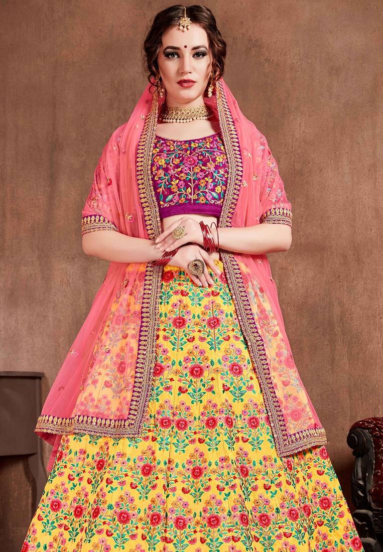 Pink Stone Embroidered & Sequins Silk Blend Semi Stitched Lehenga Set
