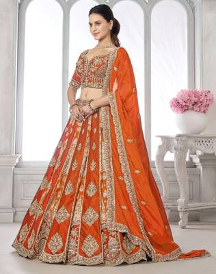 Orange Designer Embroidery With Hand Work Silk Blend Semi Stitched Lehenga Set 4