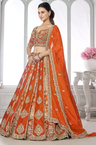 Orange Designer Embroidery With Hand Work Silk Blend Semi Stitched Lehenga Set