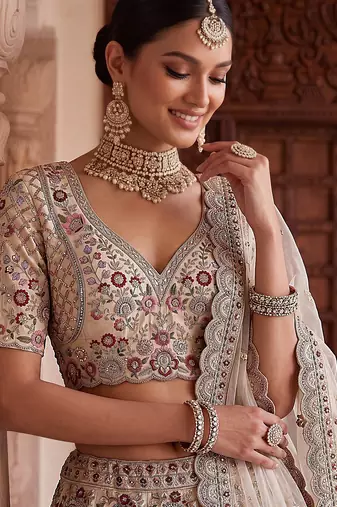 White Designer Embroidery With Hand Work Silk Blend Semi Stitched Lehenga Set