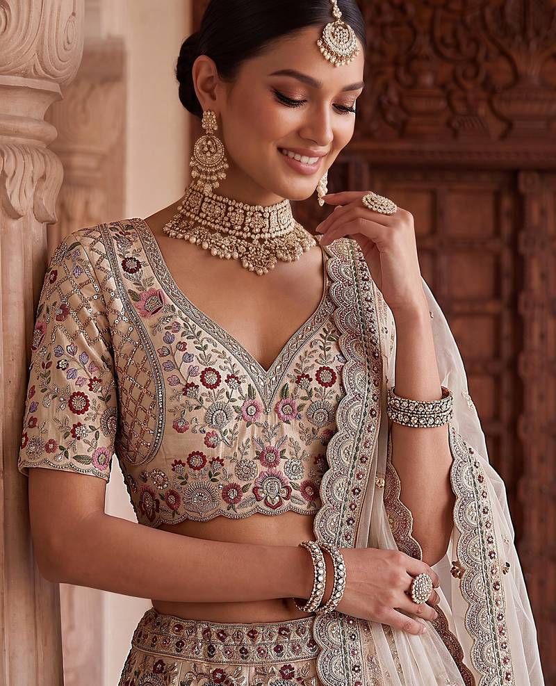 White Designer Embroidery With Hand Work Silk Blend Semi Stitched Lehenga Set