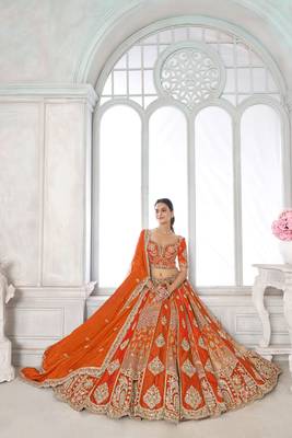 Orange Designer Embroidery With Hand Work Silk Blend Semi Stitched Lehenga Set 5