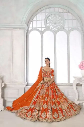 Orange Designer Embroidery With Hand Work Silk Blend Semi Stitched Lehenga Set