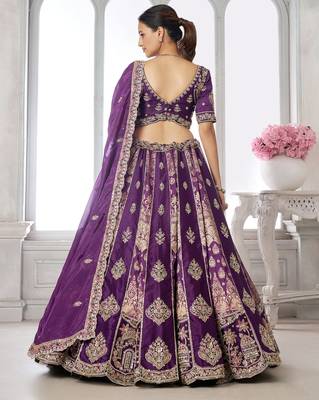 Purple Designer Embroidery With Hand Work Silk Blend Semi Stitched Lehenga Set 3