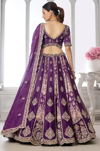 Purple Designer Embroidery With Hand Work Silk Blend Semi Stitched Lehenga Set