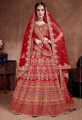 Red Stone Embroidered & Sequins Silk Blend Semi Stitched Lehenga Set 1