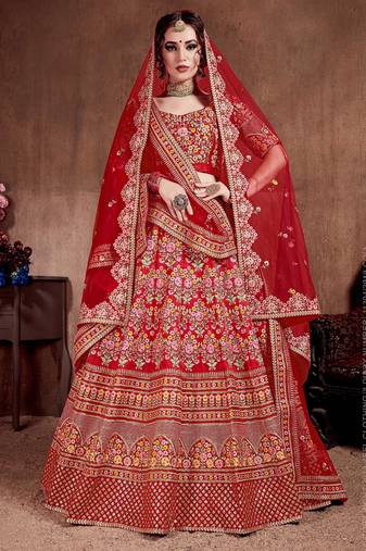 Red Stone Embroidered & Sequins Silk Blend Semi Stitched Lehenga Set