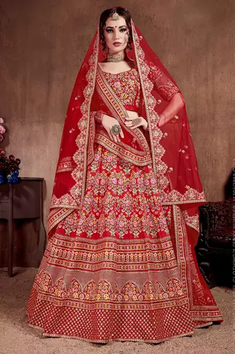 Red Stone Embroidered & Sequins Silk Blend Semi Stitched Lehenga Set