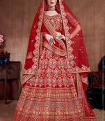 Red Stone Embroidered & Sequins Silk Blend Semi Stitched Lehenga Set