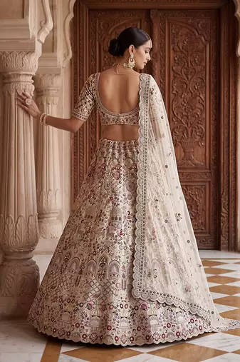 White Designer Embroidery With Hand Work Silk Blend Semi Stitched Lehenga Set