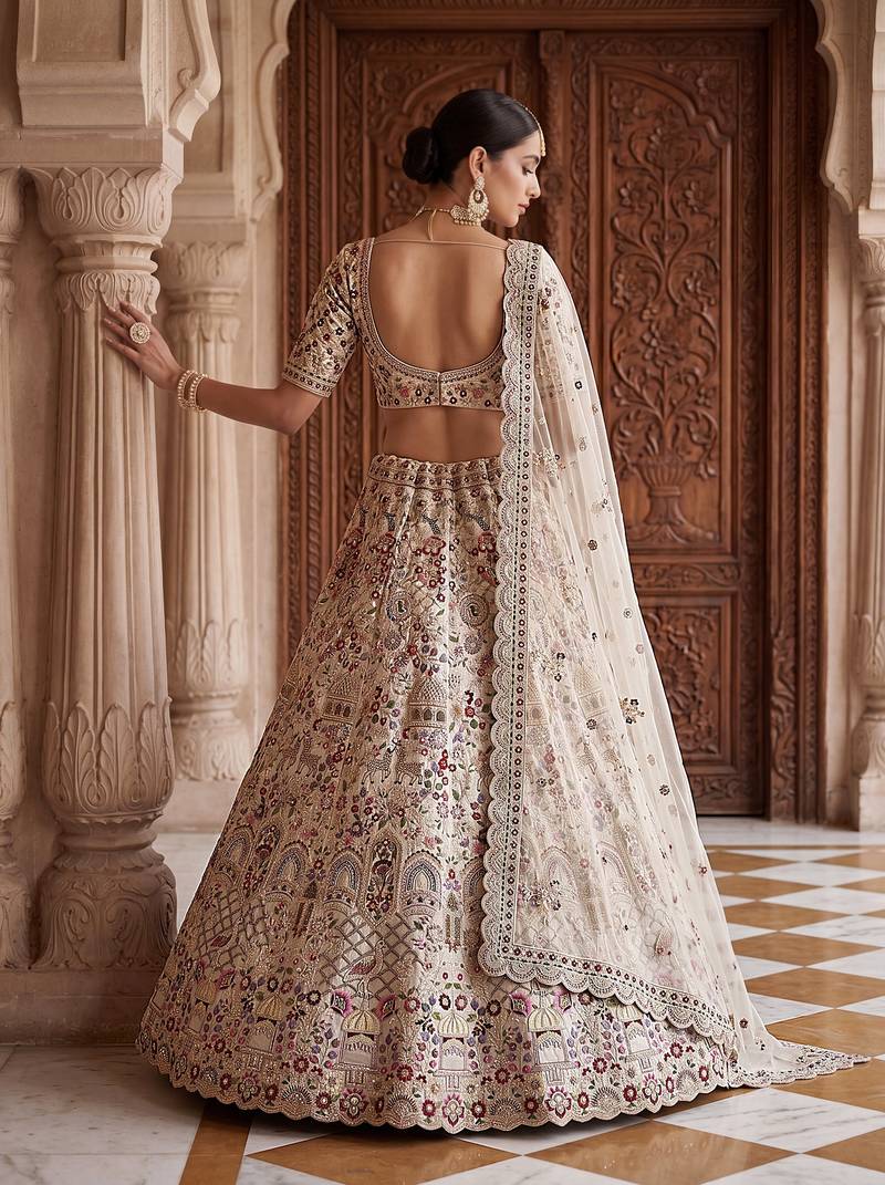 White Designer Embroidery With Hand Work Silk Blend Semi Stitched Lehenga Set