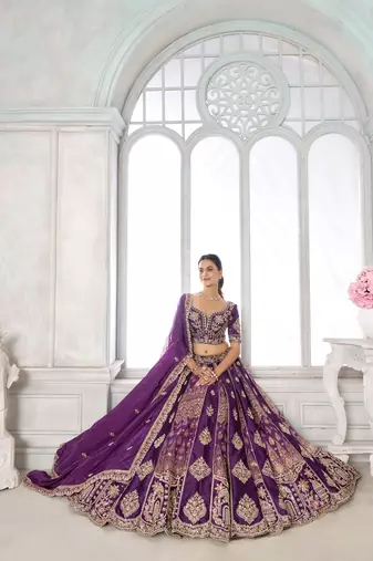 Purple Designer Embroidery With Hand Work Silk Blend Semi Stitched Lehenga Set