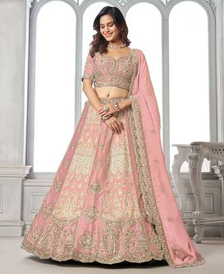 Pink Designer Embroidery With Hand Work Silk Blend Semi Stitched Lehenga Set 1