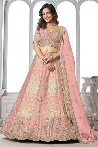 Pink Designer Embroidery With Hand Work Silk Blend Semi Stitched Lehenga Set