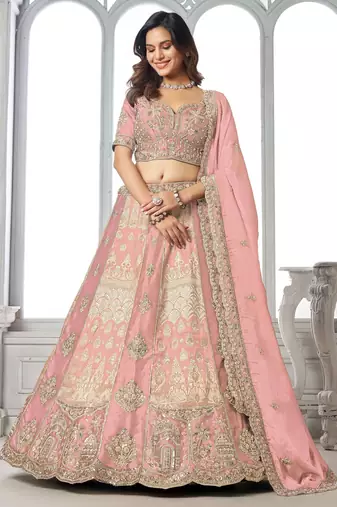 Pink Designer Embroidery With Hand Work Silk Blend Semi Stitched Lehenga Set